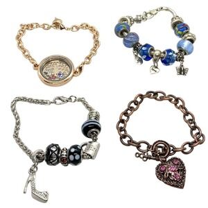 Vintage - Now Lot‎ of 4 Charm Bracelet Heart Locket Rhinestone Glass Blue Love